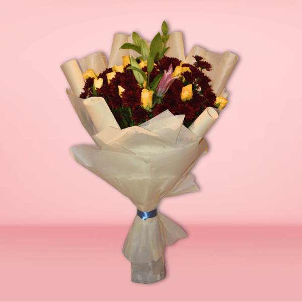 Red velvet Chrys with yellow Roses hand bouquet