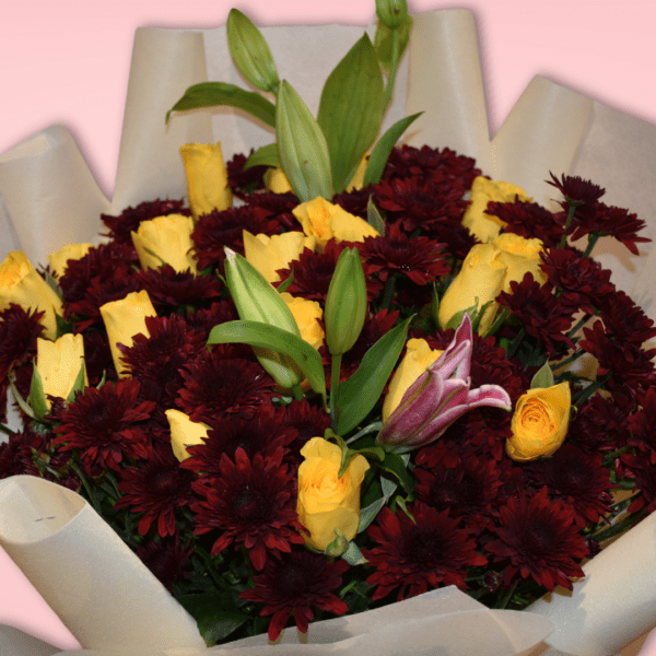 Red velvet Chrys with yellow Roses hand bouquet