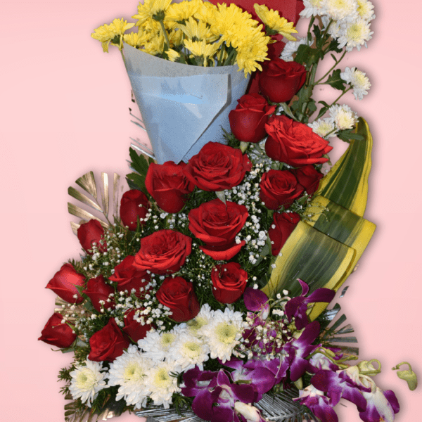 Magnificent mix of Roses,Chrys and Blue Orchids