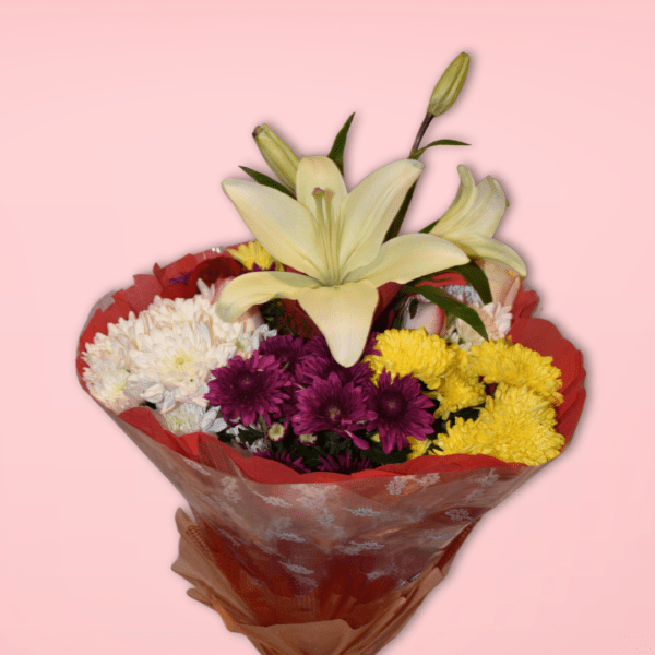 Radiant Chrysanthemums with lily hand bouquet