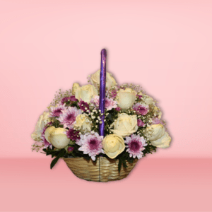 Flower basket made with white roses, chrys, and baby's breath