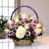 Elegant White Rose and Purple Chrysanthemum Basket