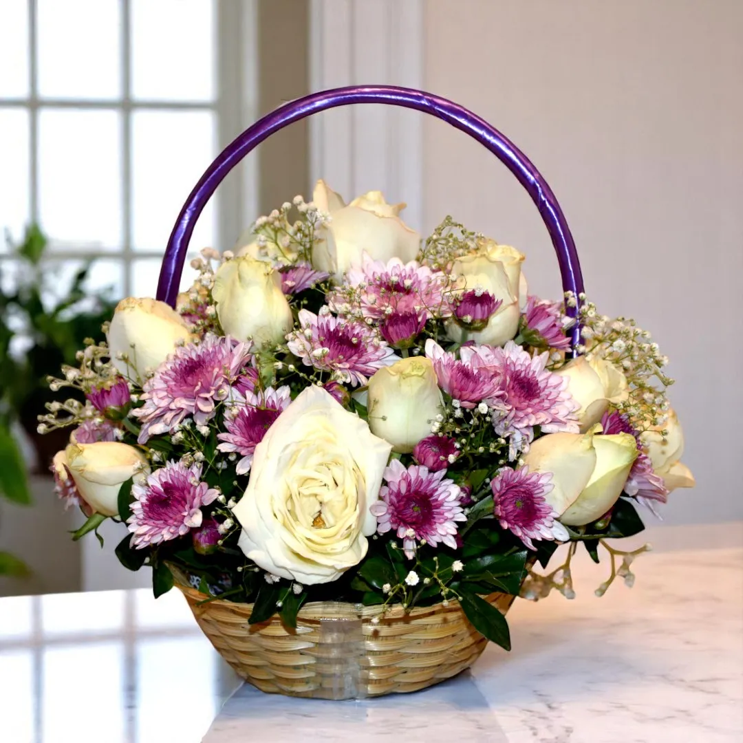 Beautiful flower basket of white roses & purple chrysanthemum