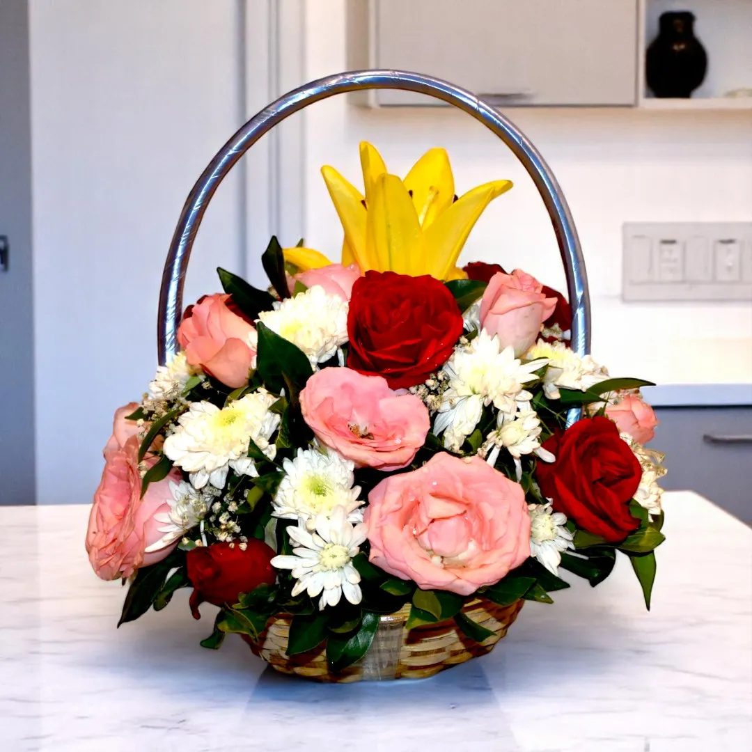Beautiful flower basket with roses, chrysanthemum, and lily at best prices in India