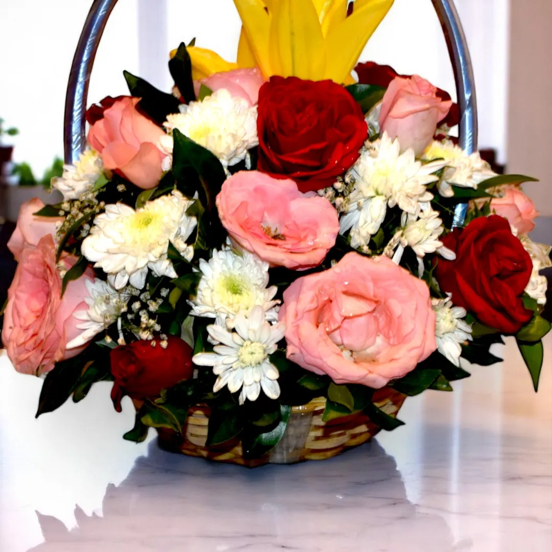 Beautiful flower basket with roses, chrysanthemum, and lily at best prices in Mumbai, Delhi, Chennai, Bangalore, Hyderabad, and more