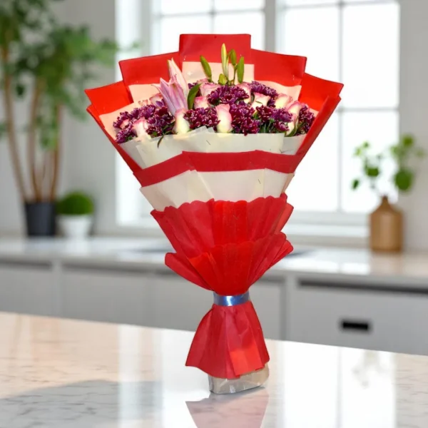 Bouquet with Violet Chrysanthemums and pink roses - 1