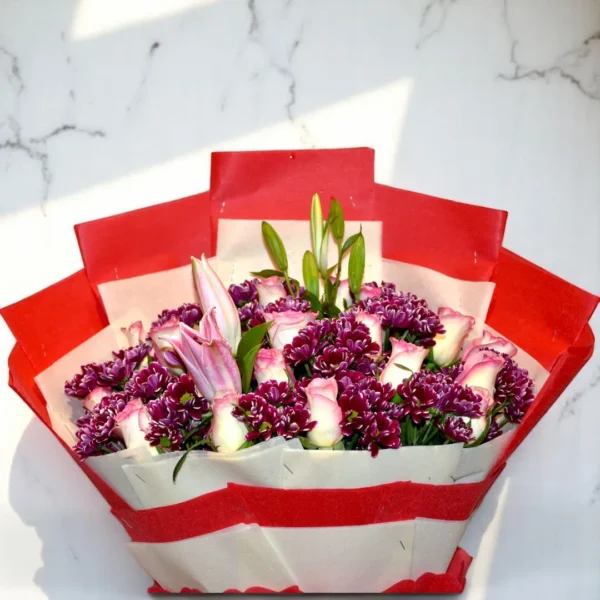 Bouquet with Violet Chrysanthemums and pink roses - 2