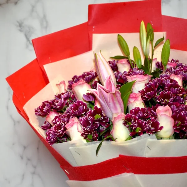 Bouquet with Violet Chrysanthemums and pink roses - 3