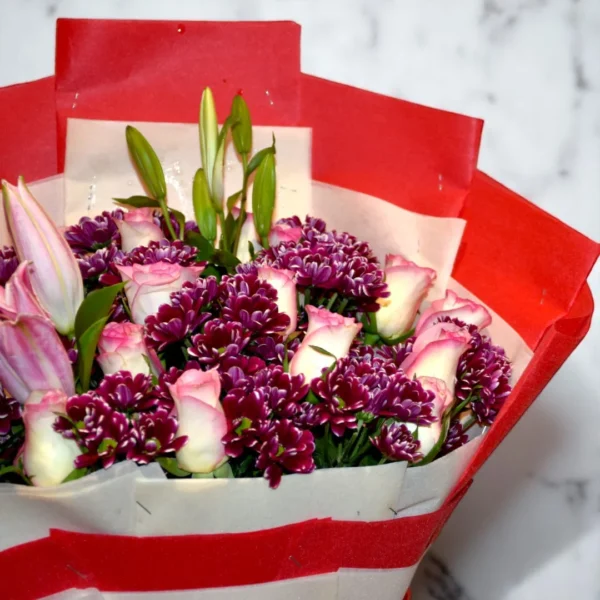 Bouquet with Violet Chrysanthemums and pink roses - 4
