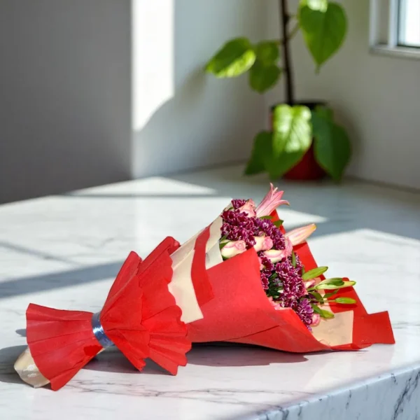 Bouquet with Violet Chrysanthemums and pink roses - 5