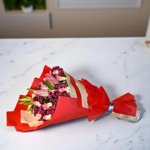 Bouquet with Violet Chrysanthemums and pink roses - 6