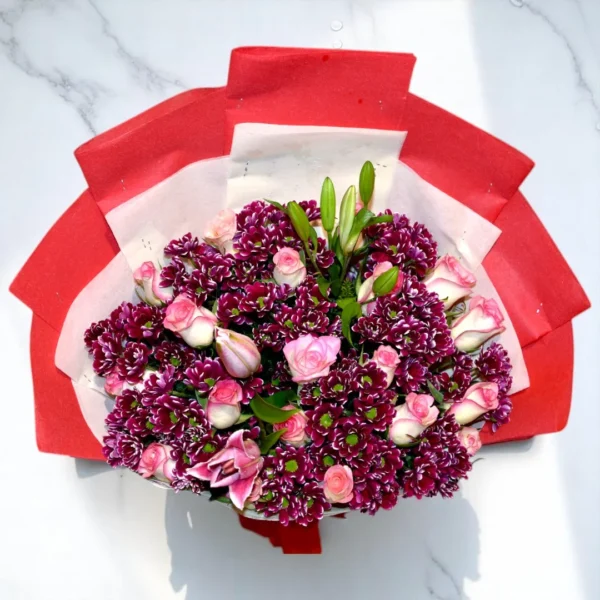 Bouquet with Violet Chrysanthemums and pink roses - 7