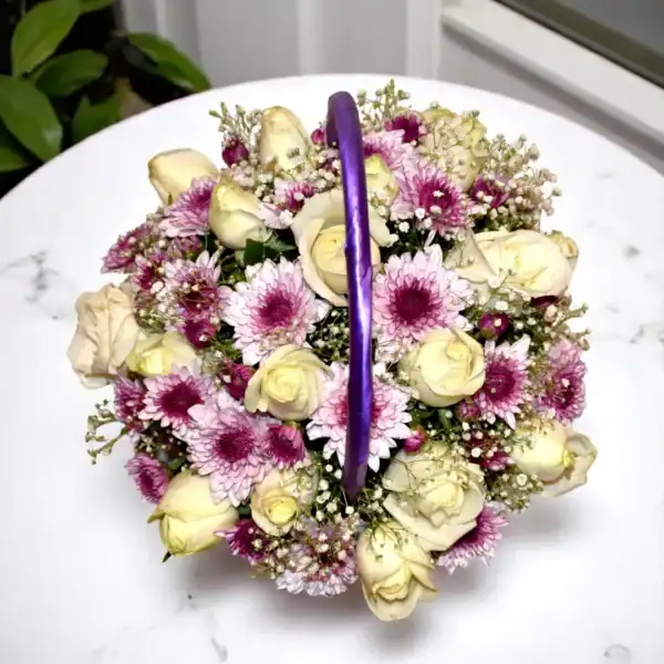 Buy Beautiful flower basket of white roses & purple chrysanthemum at best prices online in India