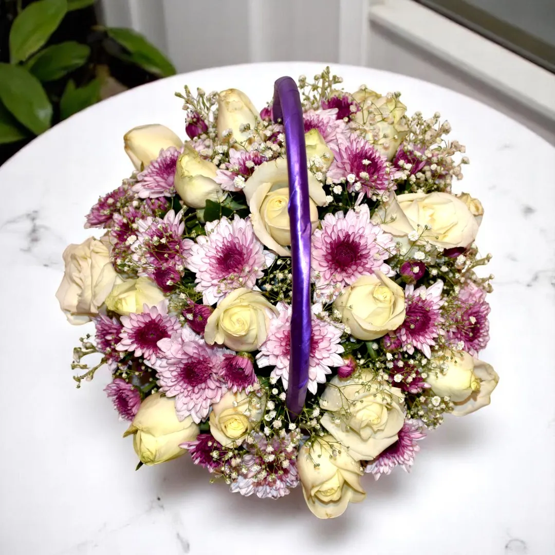 Buy Beautiful flower basket of white roses & purple chrysanthemum at best prices online in India