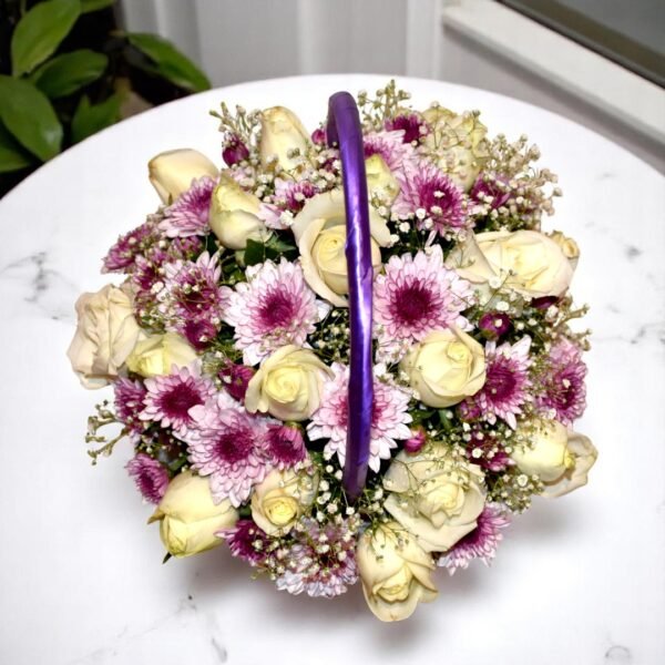 Elegant White Rose and Purple Chrysanthemum Basket - Image 3