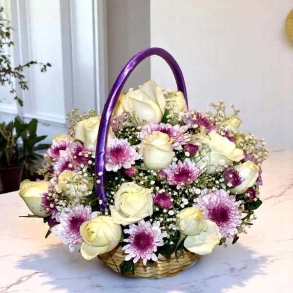 Elegant White Rose and Purple Chrysanthemum Basket - Image 4
