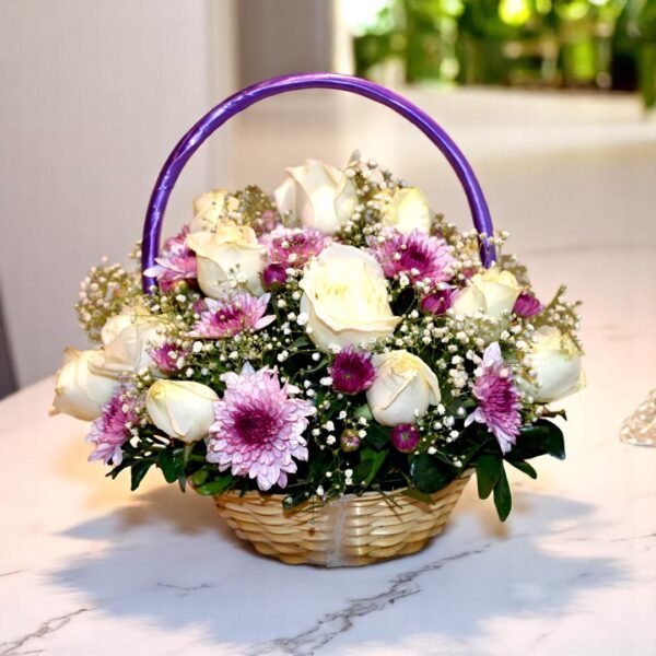 Elegant White Rose and Purple Chrysanthemum Basket - Image 5