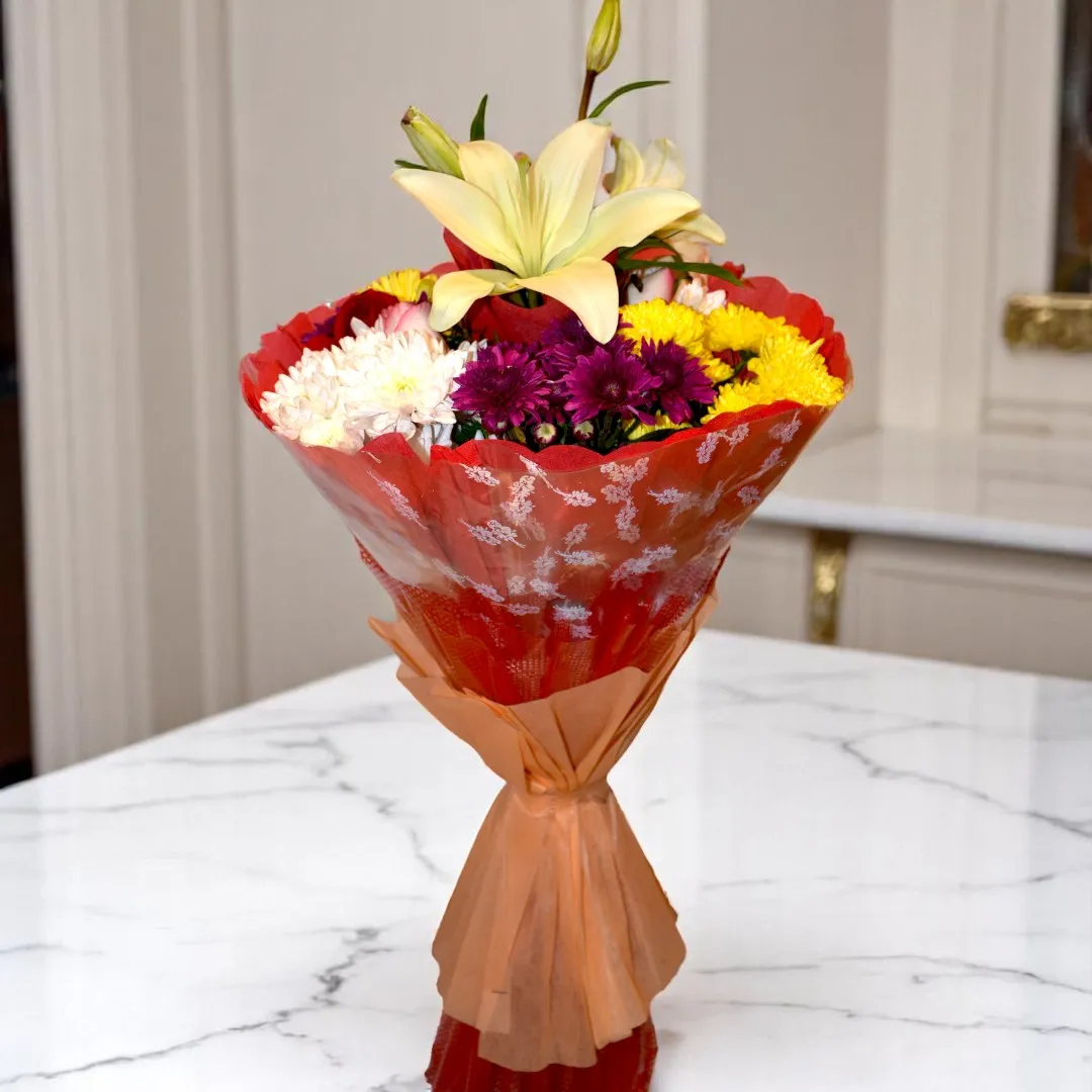 Lily and Chrysanthemum Bouquet made with love in India