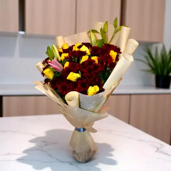 Red velvet Chrysanthemums with yellow Roses hand bouquet - 1
