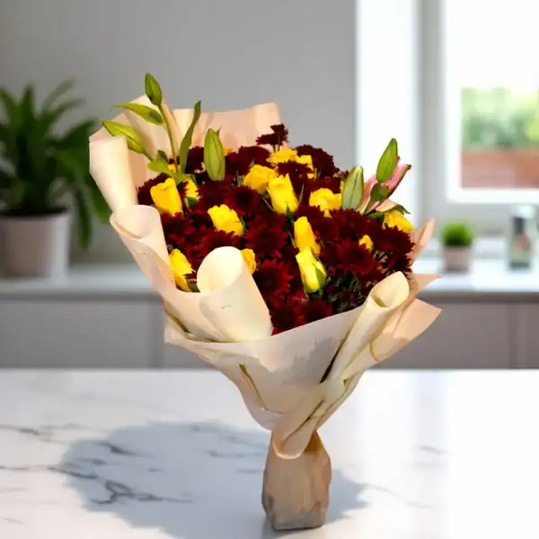 Red velvet Chrysanthemums with yellow Roses hand bouquet - 2