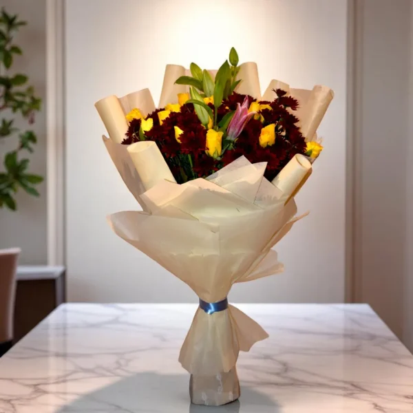 Red velvet Chrysanthemums with yellow Roses hand bouquet - 4