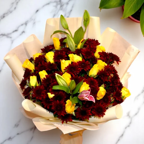 Red velvet Chrysanthemums with yellow Roses hand bouquet - 5