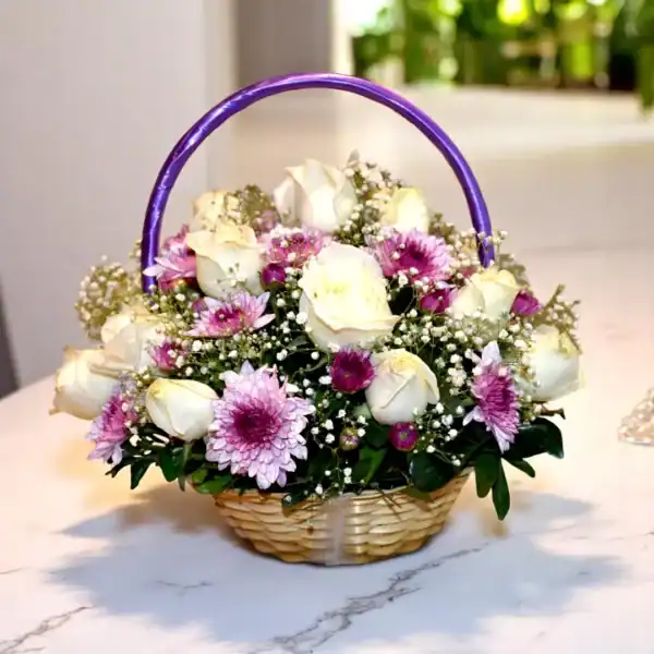 Shop Beautiful flower basket of white roses & purple chrysanthemum at best prices online in Hyderabad, Mumbai, Delhi, Bangalore, and Chennai