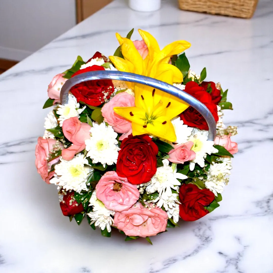 Shop Beautiful flower basket with roses, chrysanthemum, and lily