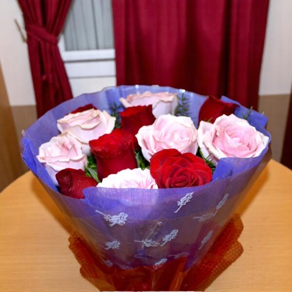 Lively Red and Pink Rose hand-tied bouquet - Image 3