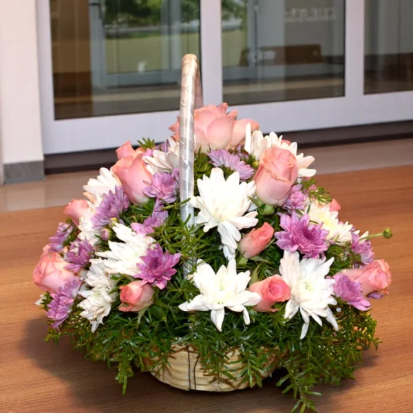 Flower Basket with Peach Roses & Chrysanthemum
