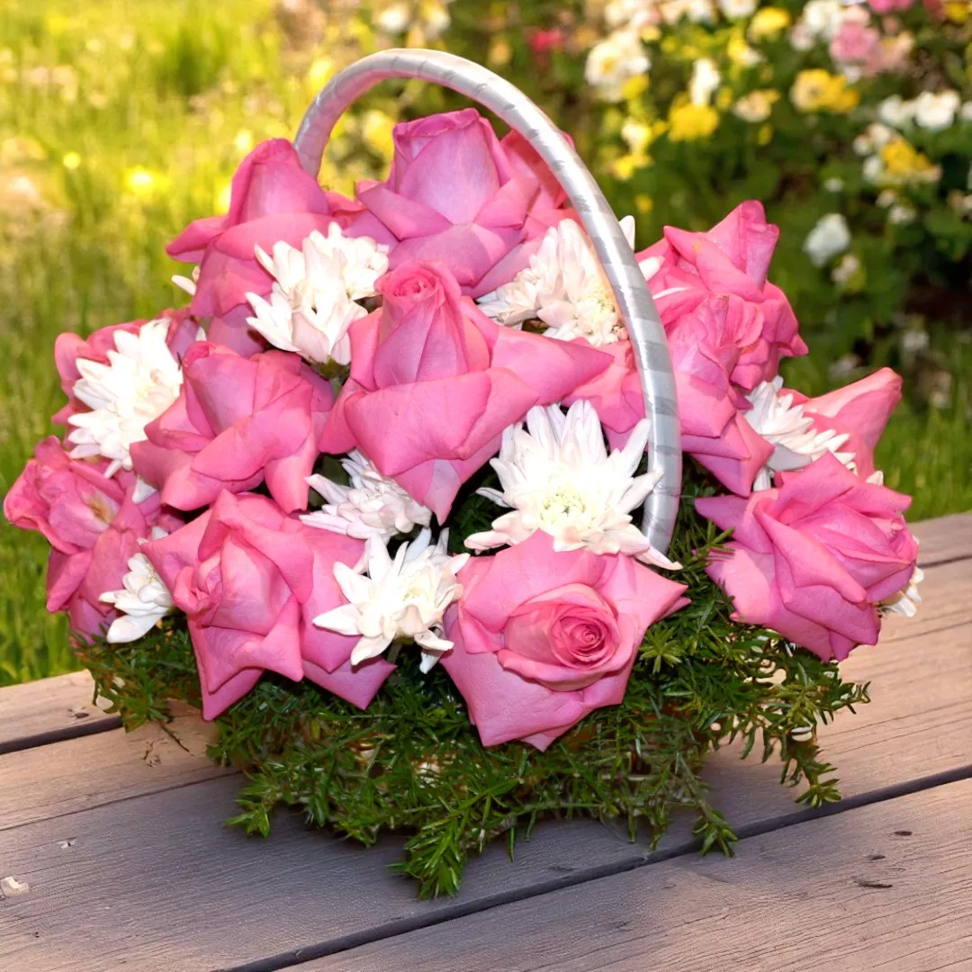 Pink Rose Flower Basket - 1