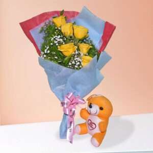 Yellow Rose Bouquet with a yellow Teddy bear