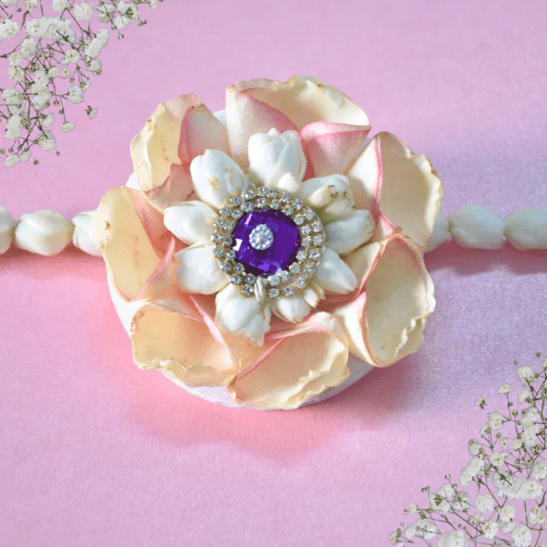 Stylish floral rakhi made locally in Hyderabad by freshly sourced baby pink rose petals and jasmine flowers