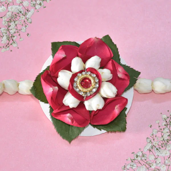 Eco-friendly Rakhi made with red rose petals and white jasmine buds