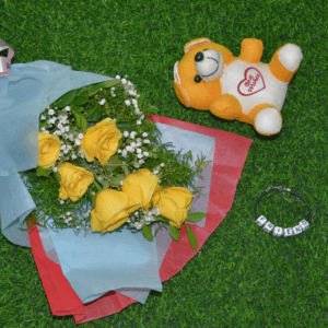 Friendship Day Gift Bundle - Yellow Roses, Teddy Bear, and Friendship Bracelet