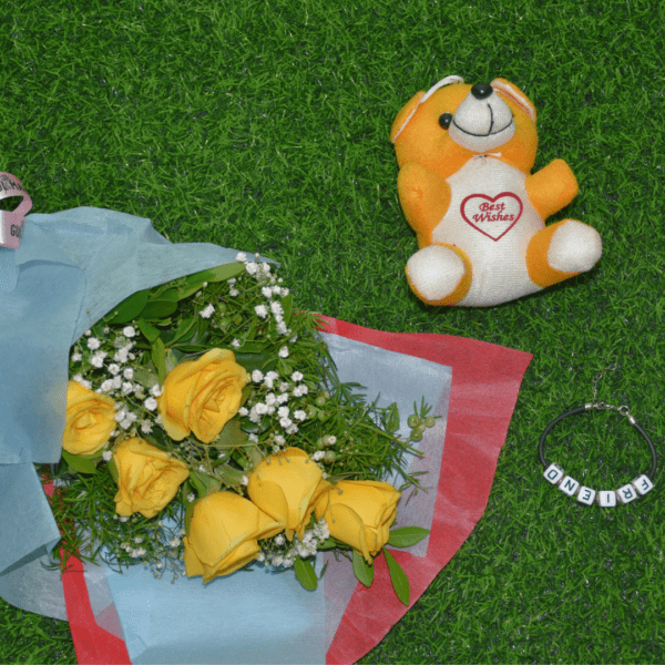 Friendship Day Gift Bundle - Yellow Roses, Teddy Bear, and Friendship Bracelet