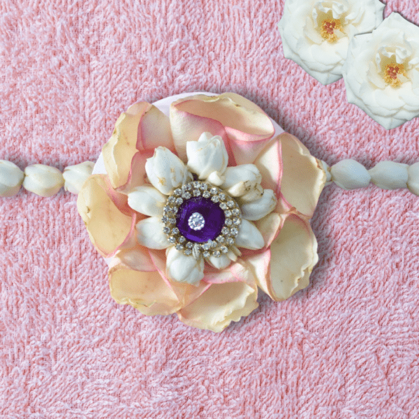 Stylish floral rakhi made locally in Hyderabad by freshly sourced baby pink rose petals and jasmine flowers