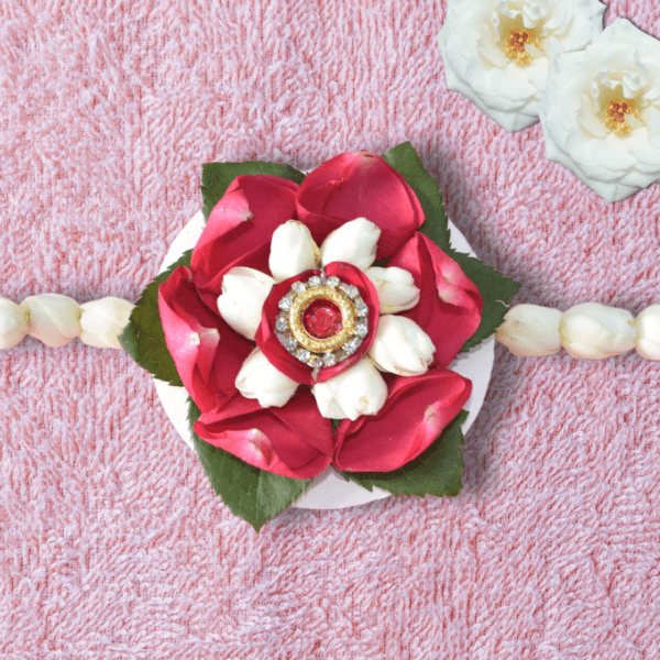 Eco-friendly Rakhi made with red rose petals and white jasmine buds