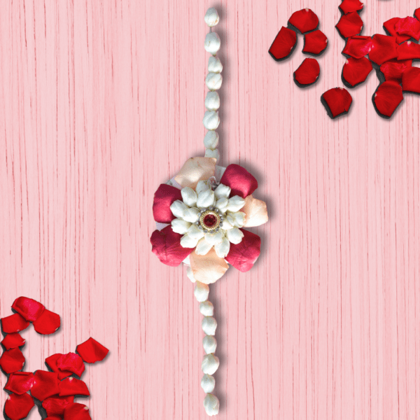 Traditional Indian flower rakhi with rose petals and jasmine flowers