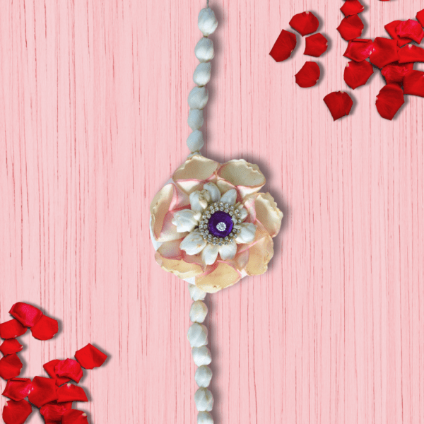 Stylish floral rakhi made locally in Hyderabad by freshly sourced baby pink rose petals and jasmine flowers