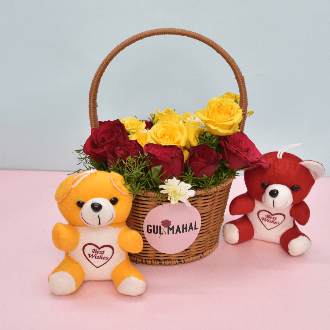 beautiful Yellow and Red Rose Basket bouquet from Gulmahal