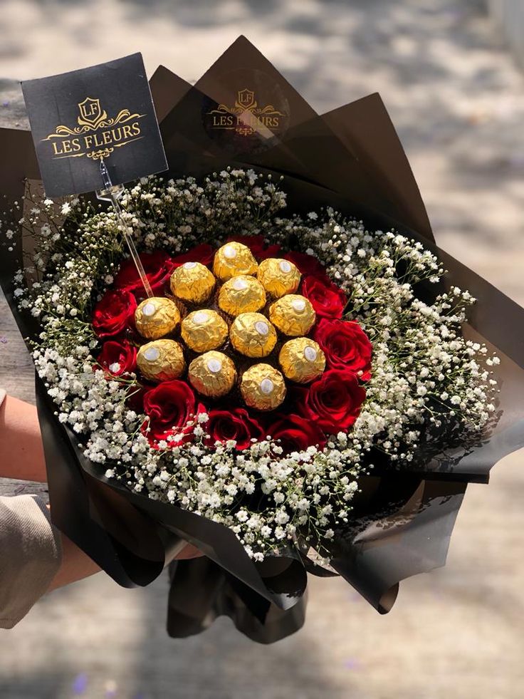 Floral Chocolate Bouquet - made with red roses, Ferrero Rochers, and baby's breath