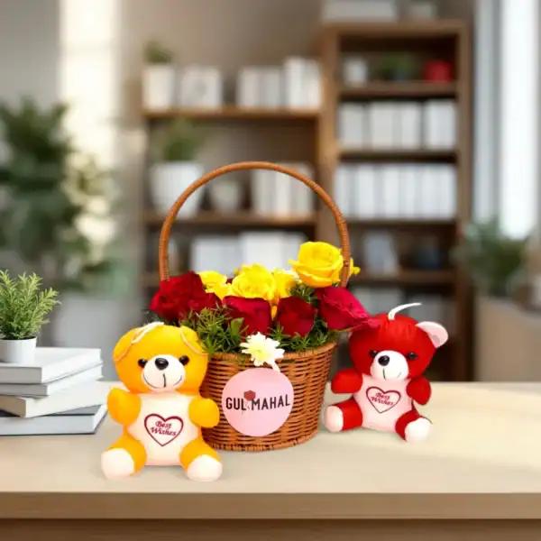 Red & Yellow Rose Flower Basket