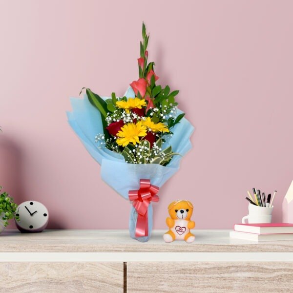 Colorful mixed flower bouquet with Gerberas, roses, gladioli, and baby's breath