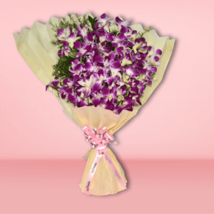 Purple orchid bouquet in cream wrapping with pink ribbon