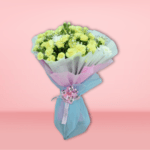 Vibrant yellow flower bouquet with carnations and baby's breath, wrapped in white and pastel paper, on pink background