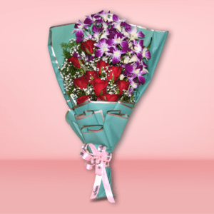 Mixed flower bouquet with red roses and purple orchids in teal wrapping