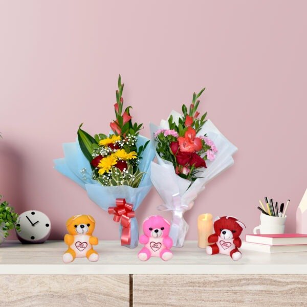 Colorful mixed flower bouquet with Gerberas, roses, gladioli, and baby's breath