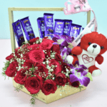 Exquisite Flower Basket with Red Roses and Cadbury Dairy Milk