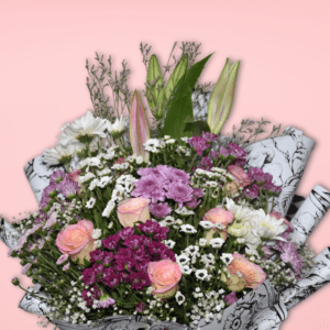 Exquisite flower bouquet with lilies, roses, and chrysanthemums. Order fresh flower baskets in Hyderabad with quick delivery for all occasions.